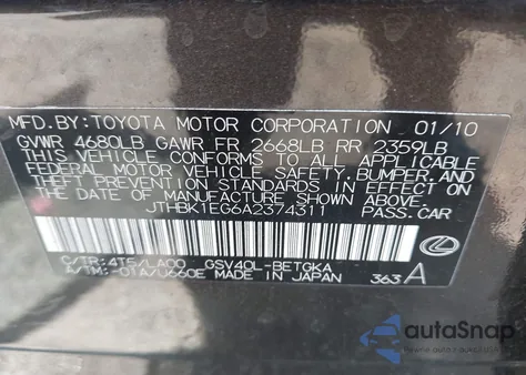 2010 Lexus Es 350 from USA, damaged, VIN JTHBK1EG6A2374311